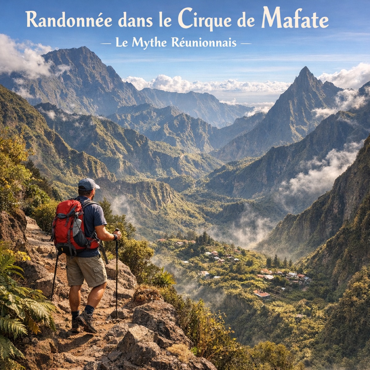 Randonneur surplombant le Cirque de Mafate, La Réunion